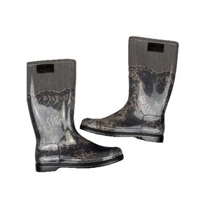 Valentino Garavani Womens Boot 7 Black Gray Lace Print Pull On Rubber Rain Boots